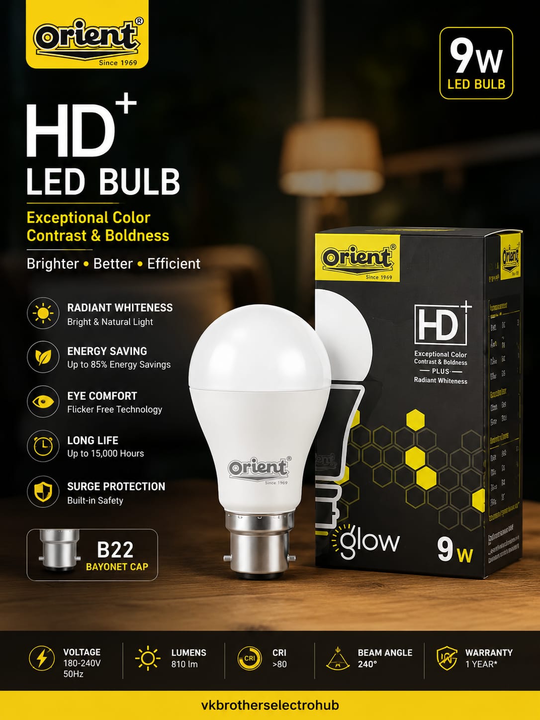 Orient HD+ 9W LED Bulb B22 Base | Energy Saving, Bright White Light, Long Life LED Bulb